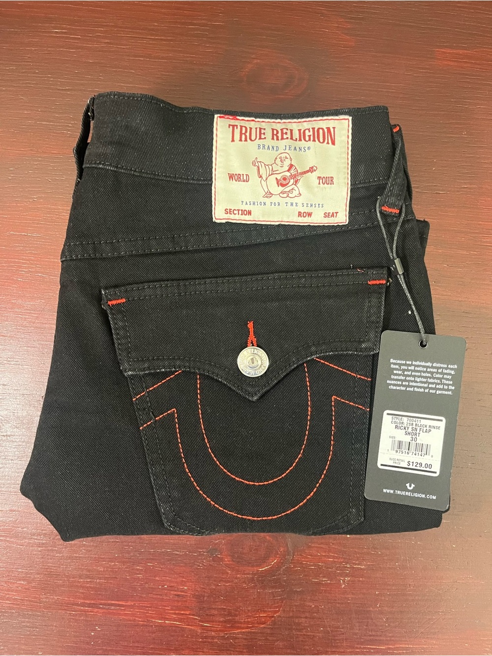 True Religion Ricky SN Flap Shorts Mens 30 Black Rinse Red Stitch NWT Denim Jean